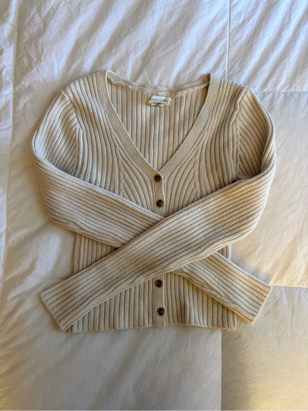 Ribbed V-Neck Cream Cropped Cardigan Sweater - Cream